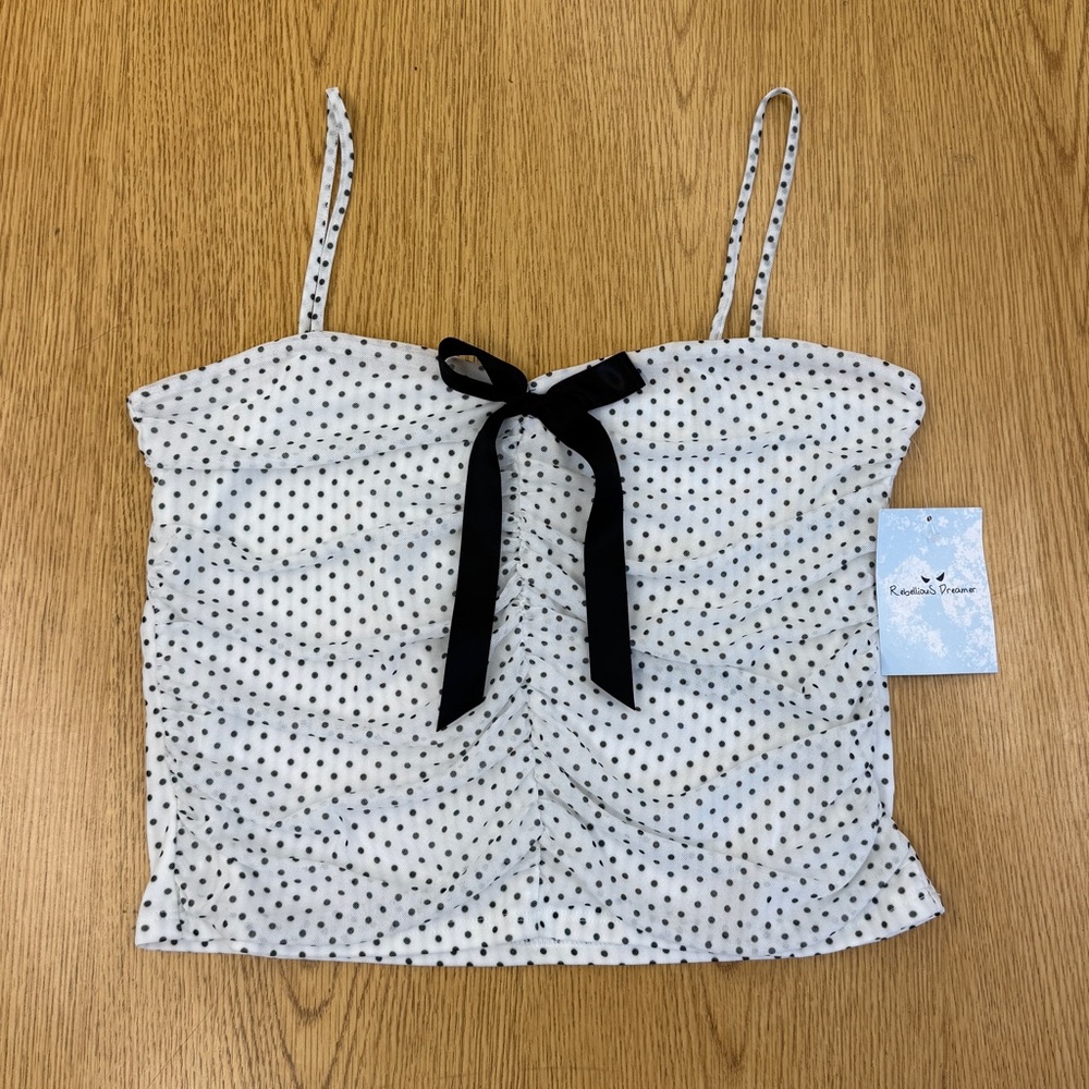 Rebellious Dreamer NWT White Polka Dot Tank Top with Black Bow Size XL Coquette